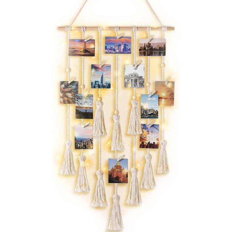 Hanging Photo Display Boho Macrame Wall Decor with Light, Teen Girl Teenage Gifts, Pictures Cards Frame Holder Art Hanger for Birthday Party Room Bedroom Dorm, with 30 Wood Clips, Multi Hangable Ornaments