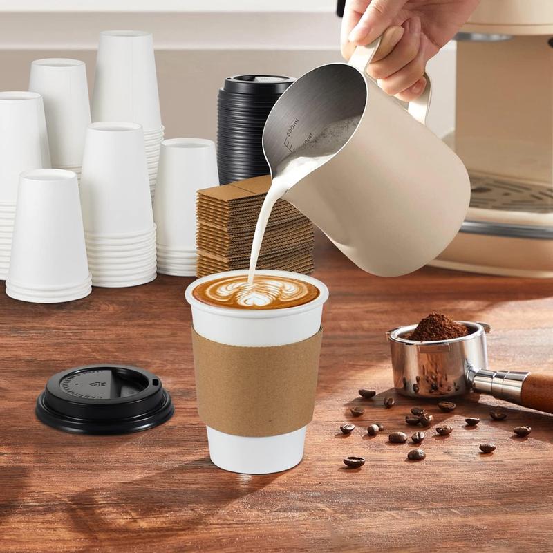 [100 Pack] 12 oz Disposable Coffee Cups with Lids and Sleeves, 12 oz  Coffee Cups with Lids, Sturdy White Paper Disposable Cups with Lids for Hot and Cold Beverage