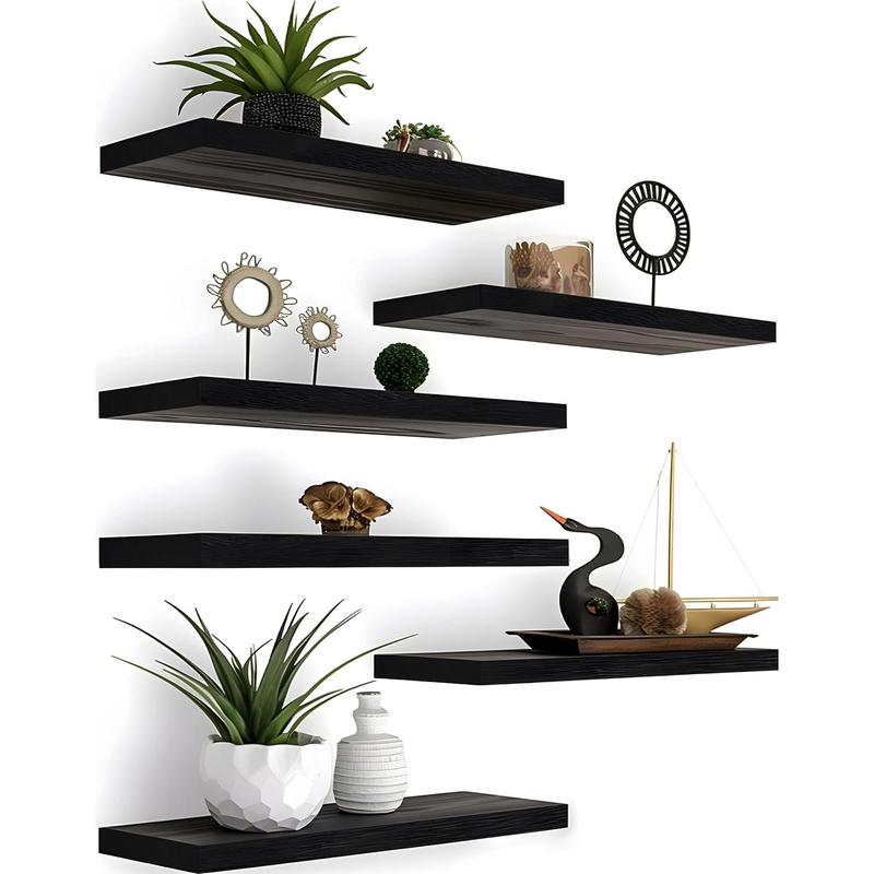 Wood Floating Shelves for Wall Decor, Rustic Wall Shelves for Bedroom Bathroom Kitchen Living Room, Set of 6 Black