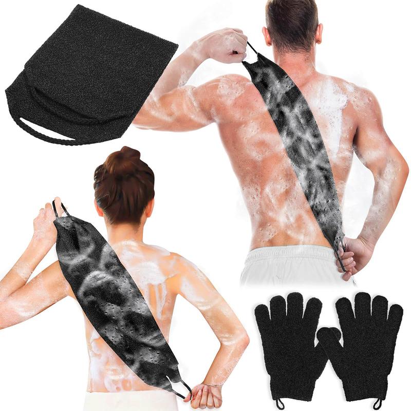 Exfoliating back scrubbing bath glove set. 1 Exfoliating bath towel + 1  pair bath glove. For body scrubbing and back cleaning to remove dead skin. Black bath tool.