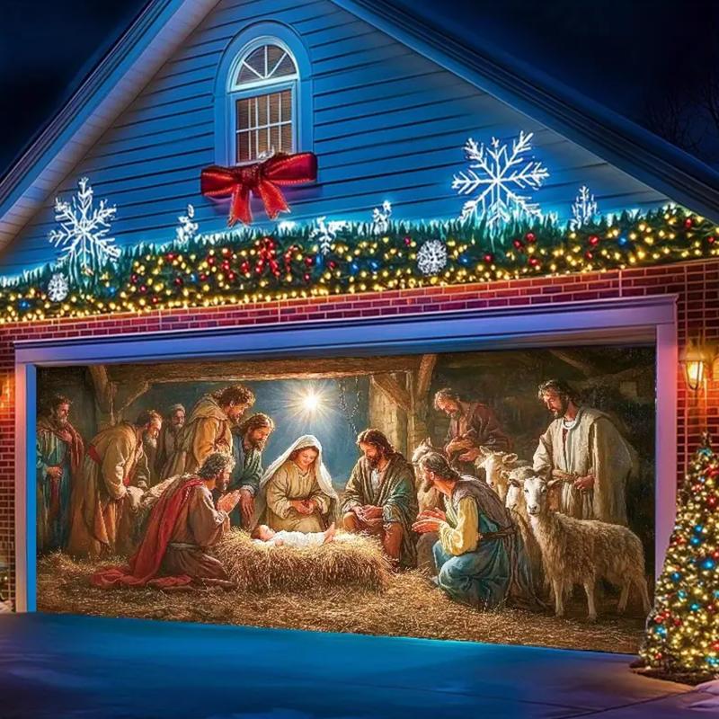 Festive Season Birth Scene Outdoor Garage Door Banner Decoration - Large 6X13 Feet Polyester Tapestry Background for Holiday Parties