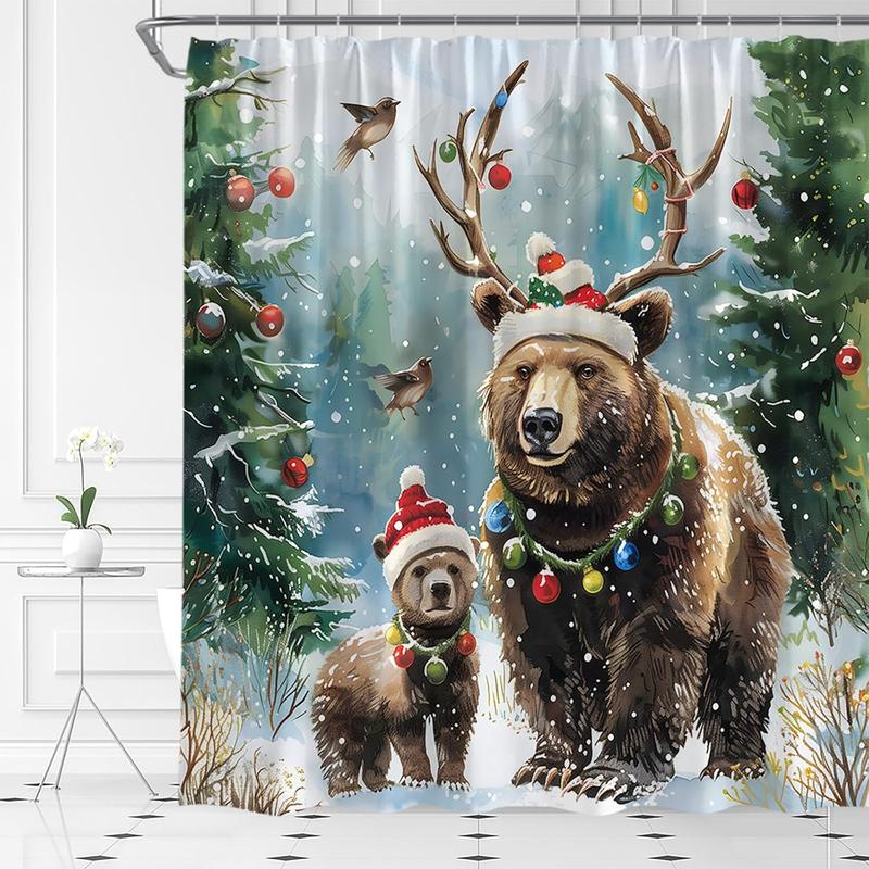 Christmas Bear Shower Curtain Winter Pine Tree Forest Xmas Ball Funny Antler Cap Snowy Scene Rustic Holiday Bathroom Curtain Set with Hooks(70