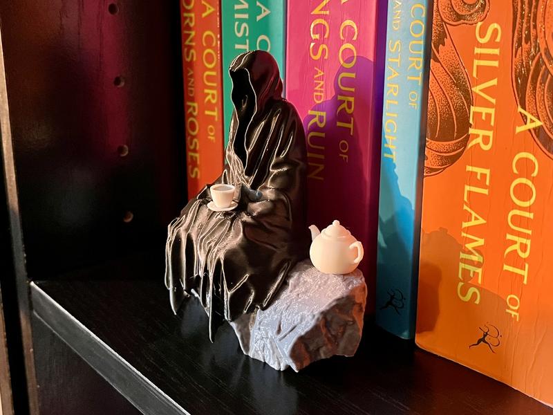 Spill the Tea Bookshelf Decor - Seated Hooded Ghost Figurine with Tea Cup and Tea Pot - 3D Printed Bookshelf Decor - Full Color