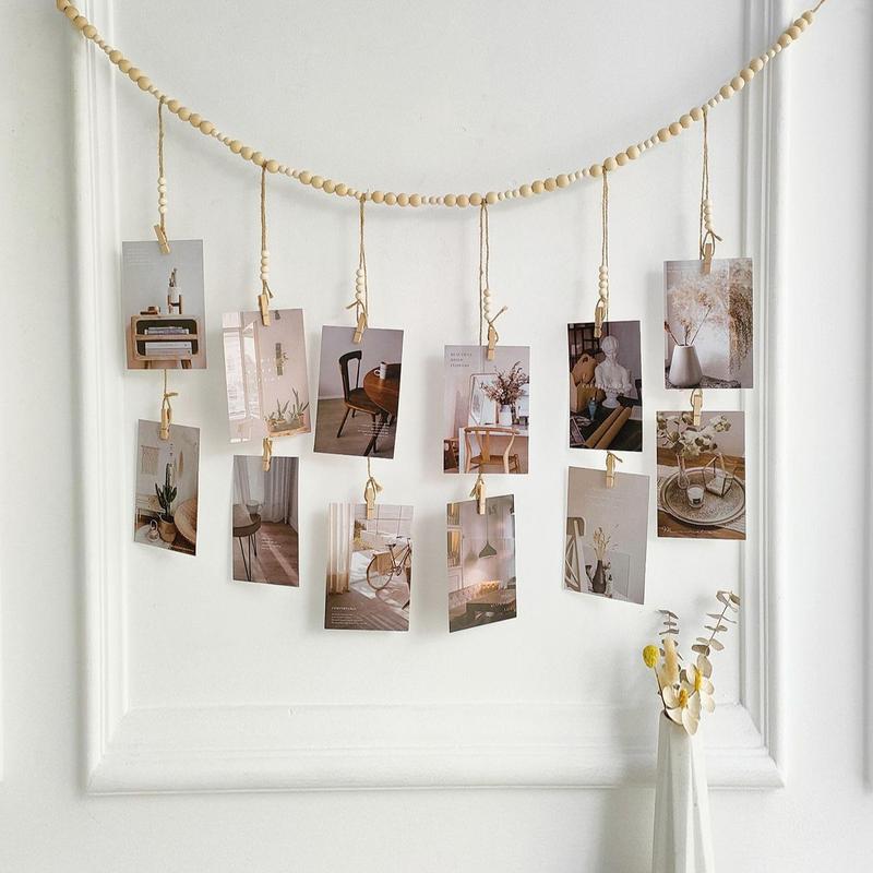 Wall Hanging Photo Display with Beads Pendant, 1 Count Collage Picture Frame, Wall Decoration for Home