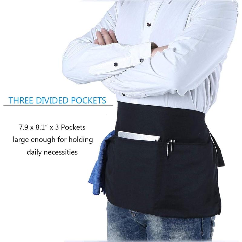 Waist Apron with 3 Pockets - Black Waitress Waiter Server Short Aprons