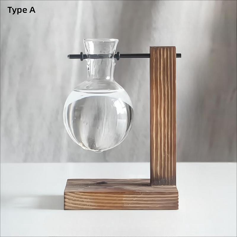 Glass Vase with Wooden Stand, 1 Count Creative Air Plant Growing Station, Home Decor Supplies for Living Room Bedroom Office