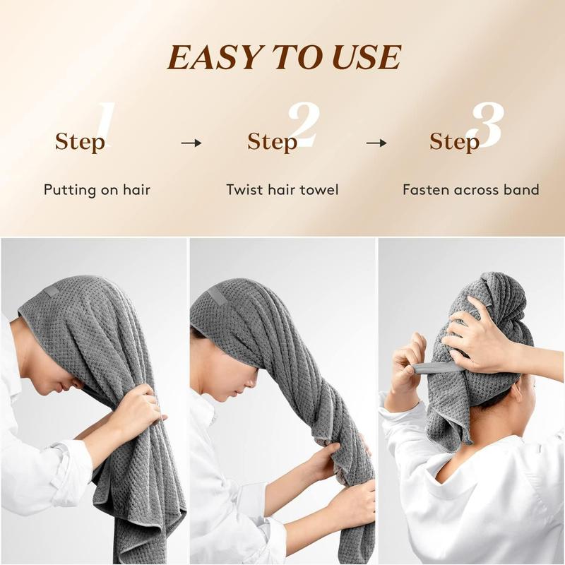 Hair Drying Towel, Solid Color Microfiber Soft Absorbent Hair Wrap Towel with Elastic Strap, Large Hair Turban Towel for Wet Hair, Dorm Essentials, Girlfriend Gifts