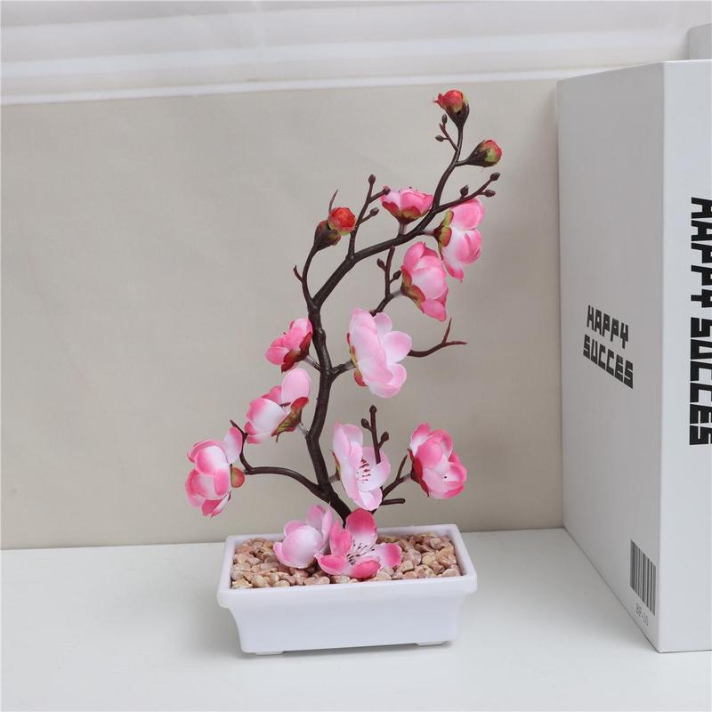 Artificial Plum Blossom & Potted Plant, 1 Count Elegant Simulation Plant Decoration, Small Desktop Faux Bonsai For Home Decor