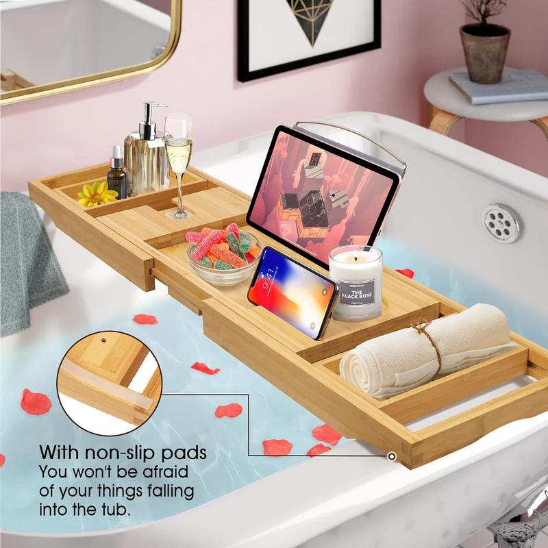 Bathtub Caddy Tray，Expandable and Foldable Bath Tray for Tub,  Bamboo Bath Caddy Tub Table, Bathtub Accessories with Book Holder and Free Soap Dish