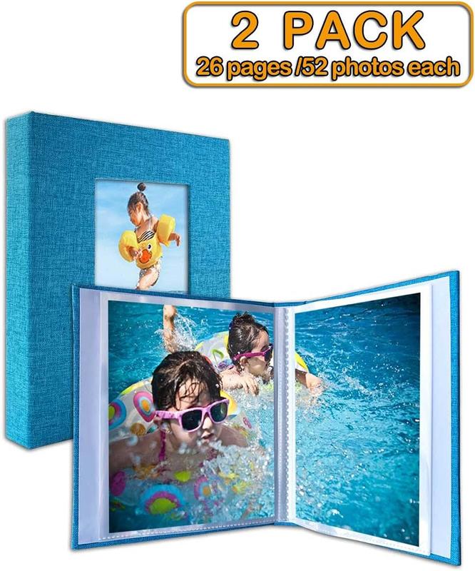 Small Photo Album 4x6  Clear Pages, Linen Cover with Front Window, Pack of 2, Each Small Album Holds 52 Photos, Small Brag Book Photo Album for 4x6 Photos, Blue Fabric