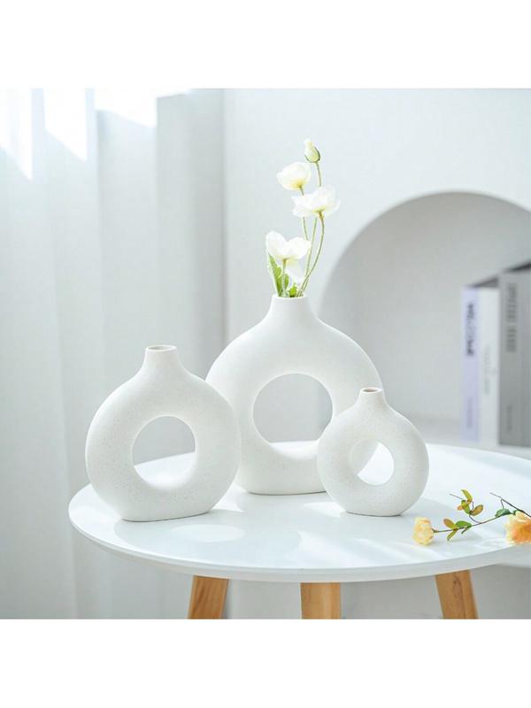 1 3pcs White Plastic Vase, Modern Vase For Minimalist Decor, Hollow Round Matte Pampas Flower Vases For Boho Home Wedding Party Room Dinner Table Shelf Decor