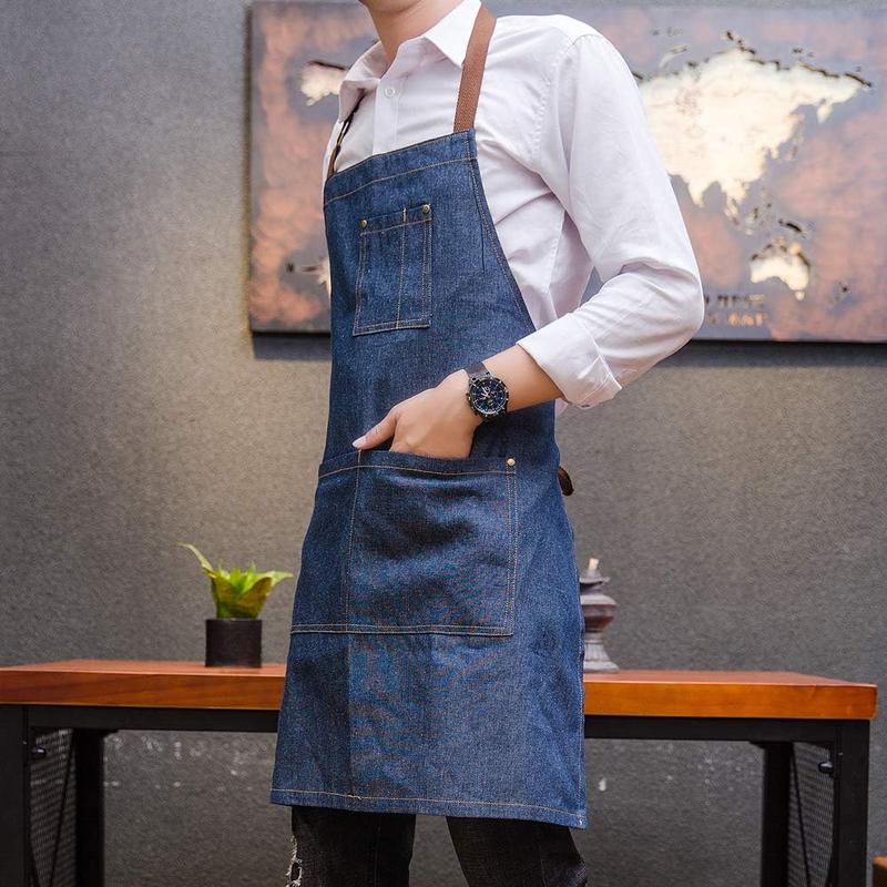 Unisex Adjustable Multi Pocket Denim Apron for Chef Kitchen BBQ and Studio