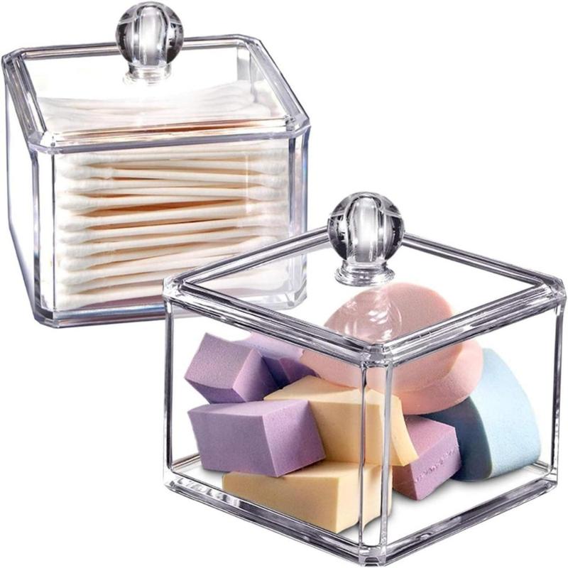 Modern Square Qtip Holder Acrylic Bathroom Vanity Countertop Storage Organizer Canister Jar for Cotton Swabs, Rounds, Balls, Makeup Sponges, Bath Salts - 2 Pack - Clear(Creative Life Pavilion) Bottles Tin