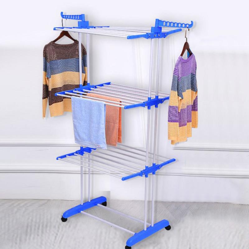 Laundry Drying Rack Movable Punch Free Good Load-bearing with 4 Wheels Expandable Drying Clothes Iron Foldable Rolling 3-Tiers multilayer drying rack Foldable towel hanging rack