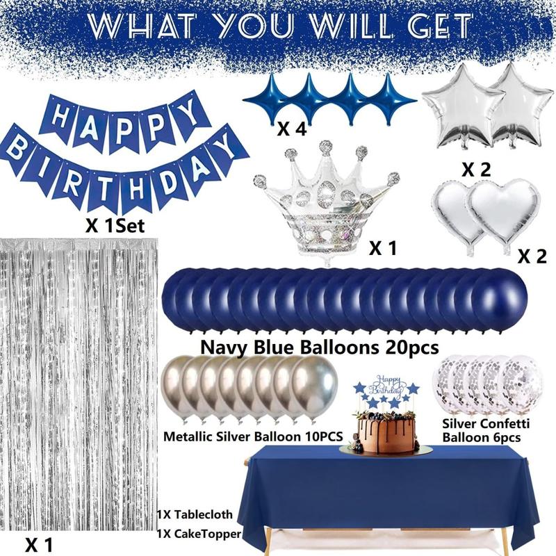 Navy Blue Happy Birthday Party Decorations Set for Men Boys Women Girls, Banner, Crown Balloon, Fringe Curtains,Cake Topper,tablecloth,Party Supplies