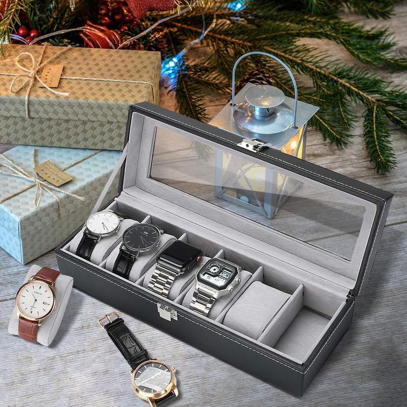 Watch Box for Men - 6 Slot Organizer, Display Case, Jewelry Storage, for Men & Women, Black