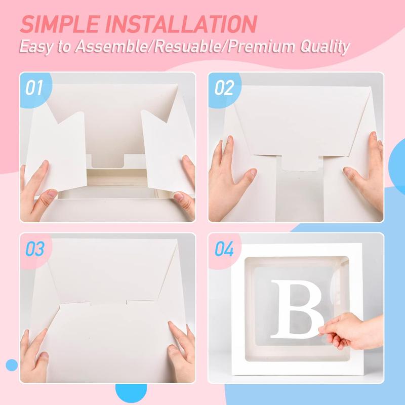 Baby Boxes with 4 PCS Letters for Baby Shower White Clear Balloon Box Blocks Gender Reveal Decorations and Birthday Party (White)