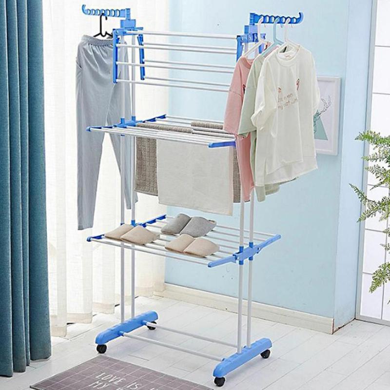 Laundry Drying Rack Movable Punch Free Good Load-bearing with 4 Wheels Expandable Drying Clothes Iron Foldable Rolling 3-Tiers multilayer drying rack Foldable towel hanging rack