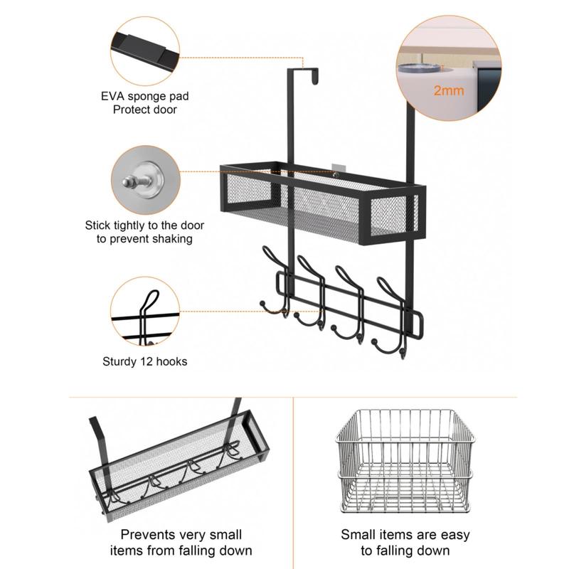 Over The Door Hooks Organizer, Multifunctional Wall Mounted Storage Rack with 12 Hooks & Mesh Basket, Home Organizer for Bathroom, Bedroom, Kitchen, Office, Hotel, Dormitory