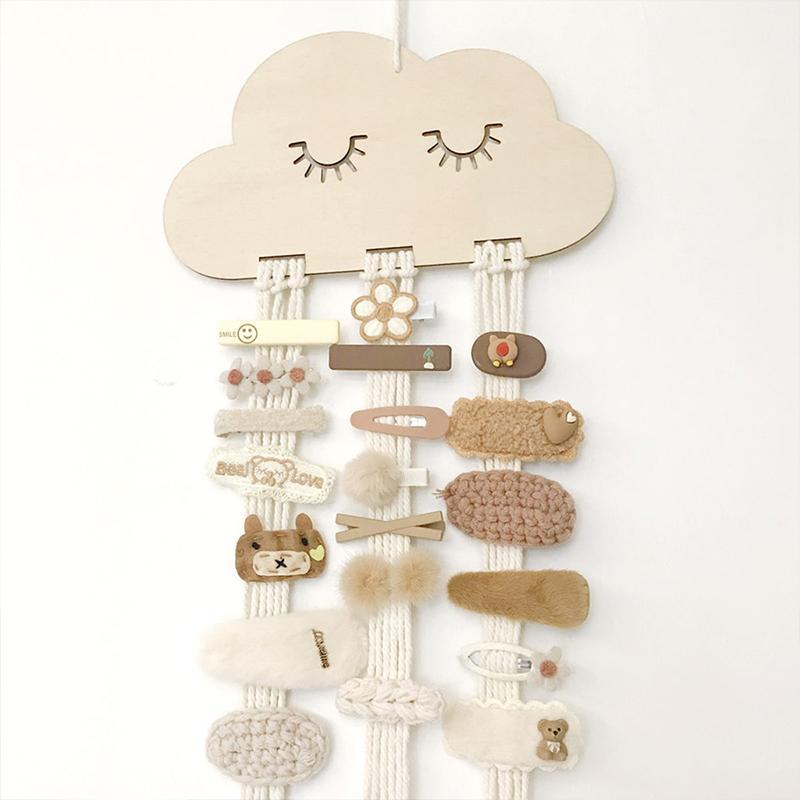 Cloud Decorative Hair Clip Storage Rope, 1 Set DIY Hairpin Storage Rack, Wooden Hairpin Holder for Bedroom Girls Women