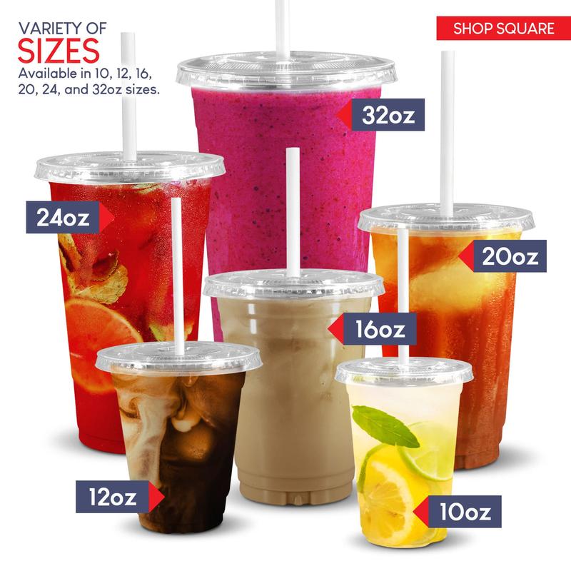 32 oz Plastic Cups with Lids (50 Pack) - Clear Plastic Cups for Iced Coffee, Boba, Milk Tea, Smoothies, and Fruit Shakes - Plastic Cups Disposable with Lids for Parties, Cafes, Restaurants