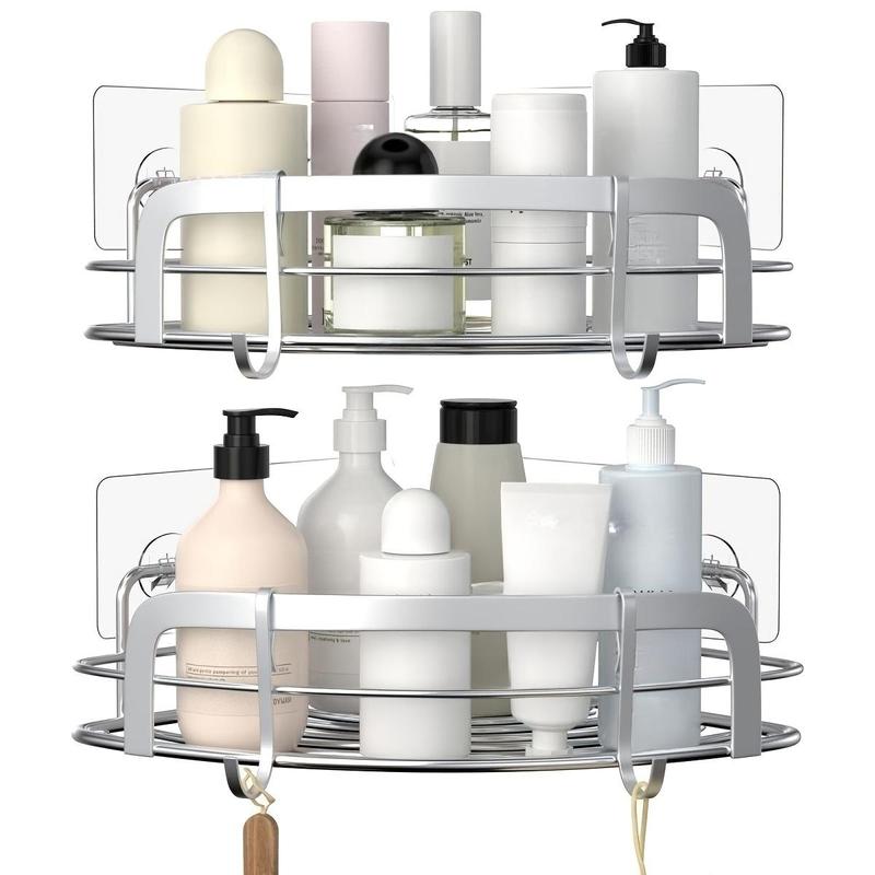 Shower Corner, Bathroom Corner Shower Shelfs, Wall Mounted Adhesive Shower Racks with 4 Movable Hooks, Bathtub Storage Shower Rack