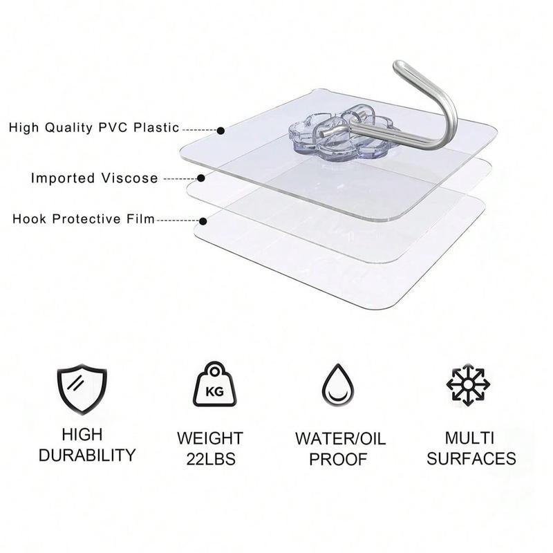 Transparent Self Adhesive Hook, 30pcs Non-slip Design Sturdy Hook, Punch Free Household Organizer for Kitchen Bathroom Washroom