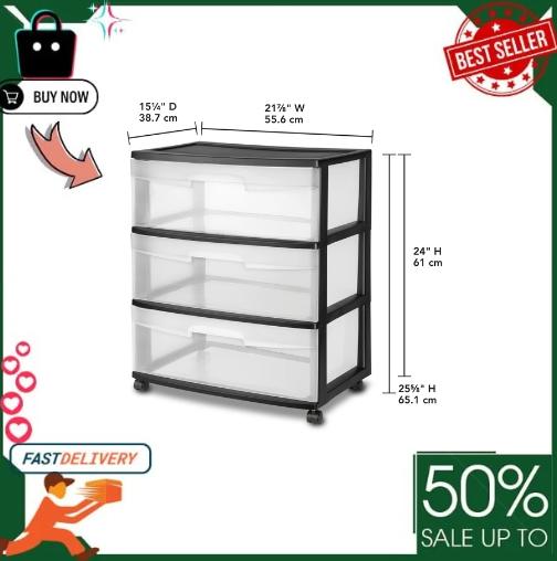 Sterilite 3-Drawer Wide Cart - Portable Storage Solution for Any Room of the Home