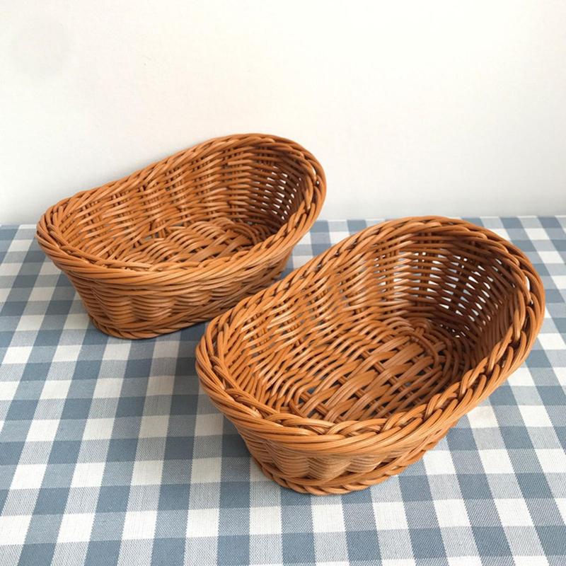 Artificial Rattan Braided Desktop Storage Basket, 1 Count Oval Shaped Food Basket for Bread Fruit Vegetable, Household Storage Basket for Kitchen, Home Organizer