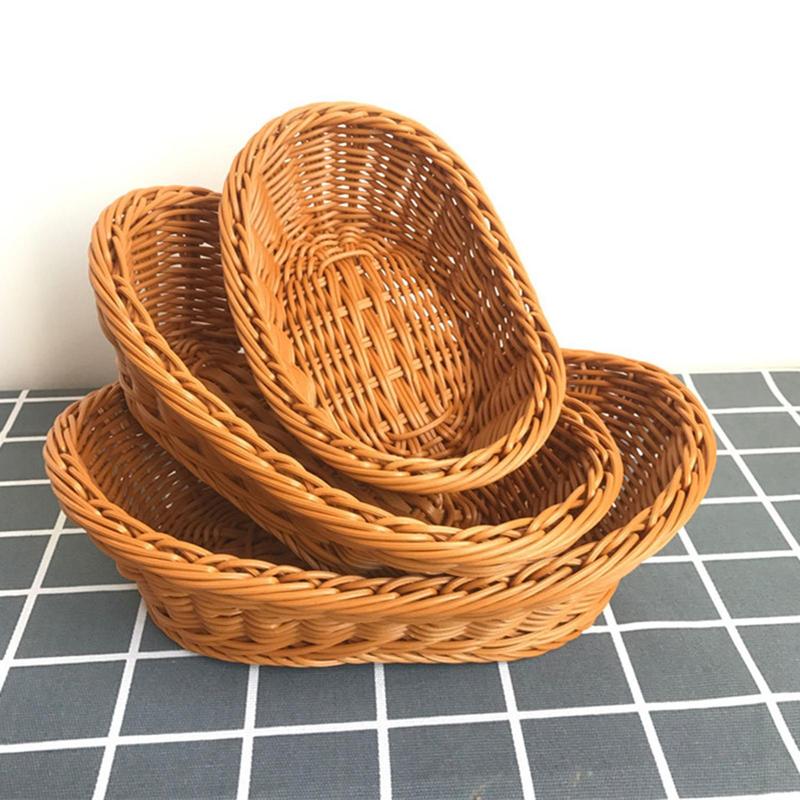 Artificial Rattan Braided Desktop Storage Basket, 1 Count Oval Shaped Food Basket for Bread Fruit Vegetable, Household Storage Basket for Kitchen, Home Organizer