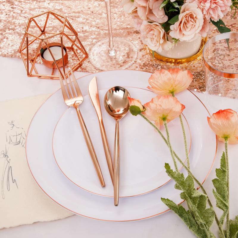 350PCS Rose Gold Plastic Plates, Rose Gold Disposable Dinnerware include 100 Party Plates, 50 Pre-Rolled Napkins with Silverware & 50 10OZ Cups