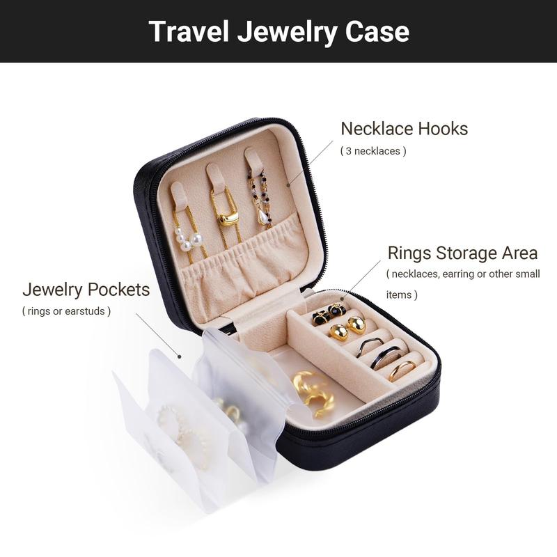 Travel Jewelry Organizer, Portable Small Jewelry Box, Foldable with Clear Pockets for Necklaces, Rings, Bracelets, Earrings, Holder Organizer for Women & Girls (Black)