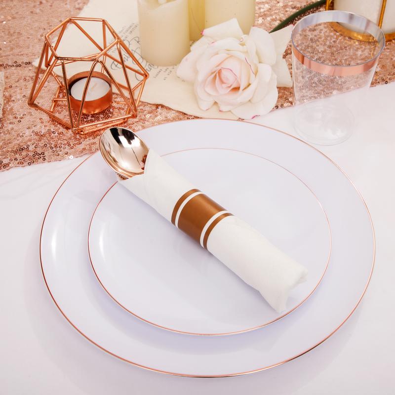 350PCS Rose Gold Plastic Plates, Rose Gold Disposable Dinnerware include 100 Party Plates, 50 Pre-Rolled Napkins with Silverware & 50 10OZ Cups