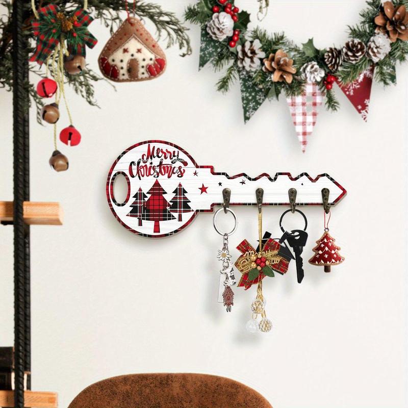 Christmas Themed Key Hanging Board with Hooks, 1 Count Plaid Design Tree & Letter & Star Pattern Wall Mounted Decoration,  Key Holder for Entrance Hallway Front Door