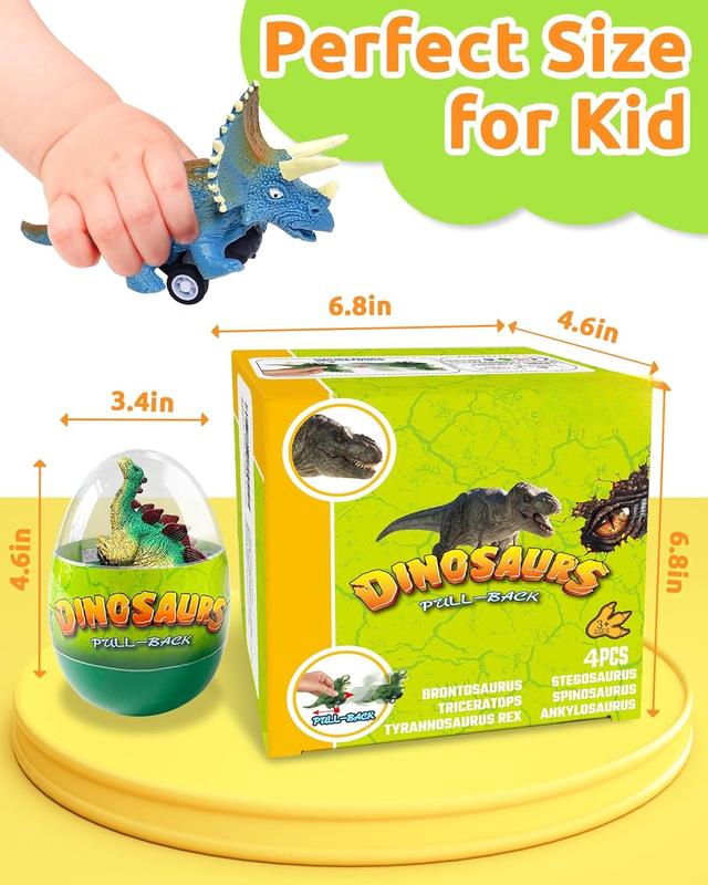 4 Pack Dinosaur Pull Back Cars Toys, Toddler Stocking Stuffers Easter Basket Egg Fillers Easter Gifts Montessori Toys Stocking Stuffers for Kids Boys Girls Ages 2-4, 3-5, 4-8