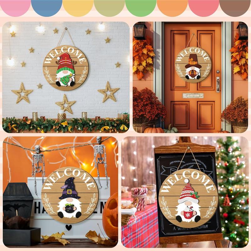 Interchangeable Wooden Gnome Decor Holiday Seasonal Gnome Decorations with 15 Magnet Pieces and 15 Detachable Hats Gnome Changeable Welcome Sign for Home