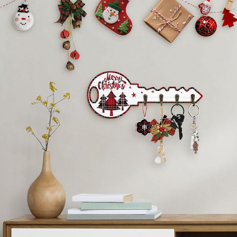 Christmas Themed Key Hanging Board with Hooks, 1 Count Plaid Design Tree & Letter & Star Pattern Wall Mounted Decoration,  Key Holder for Entrance Hallway Front Door