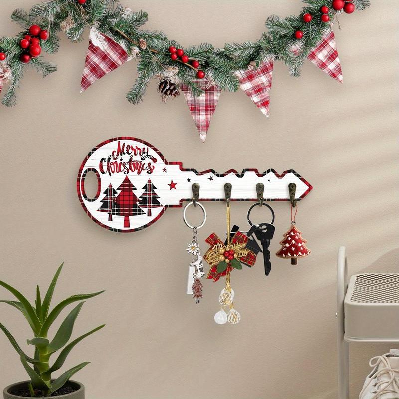 Christmas Themed Key Hanging Board with Hooks, 1 Count Plaid Design Tree & Letter & Star Pattern Wall Mounted Decoration,  Key Holder for Entrance Hallway Front Door