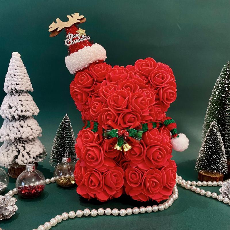 Christmas Themed Artificial Rose Bear Ornaments, 1 Count Cute Artificial Flower with Accessories, Party Gift and Supplies