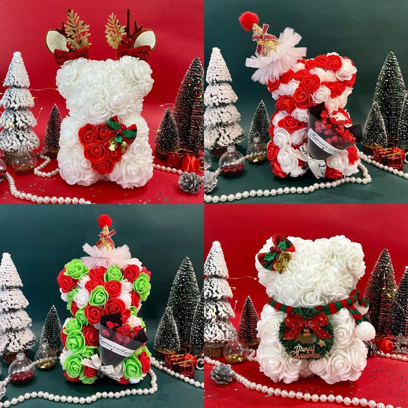 Christmas Themed Artificial Rose Bear Ornaments, 1 Count Cute Artificial Flower with Accessories, Party Gift and Supplies