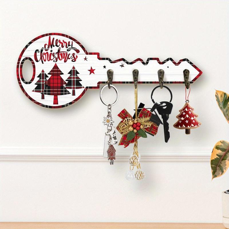 Christmas Themed Key Hanging Board with Hooks, 1 Count Plaid Design Tree & Letter & Star Pattern Wall Mounted Decoration,  Key Holder for Entrance Hallway Front Door