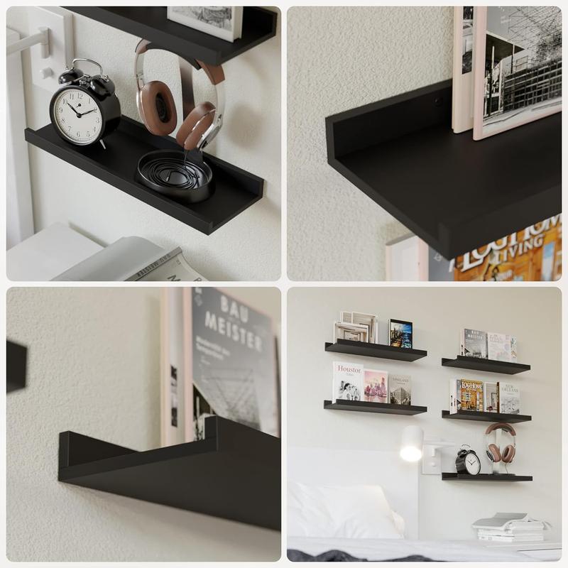 The 5 Set Floating Wall Mounted Shelves, Black Shelves for Wall Decor, Modern Picture Ledge Shelf with Lip for Storage, Nursery, Bedroom, Living Room, Bathroom - Black