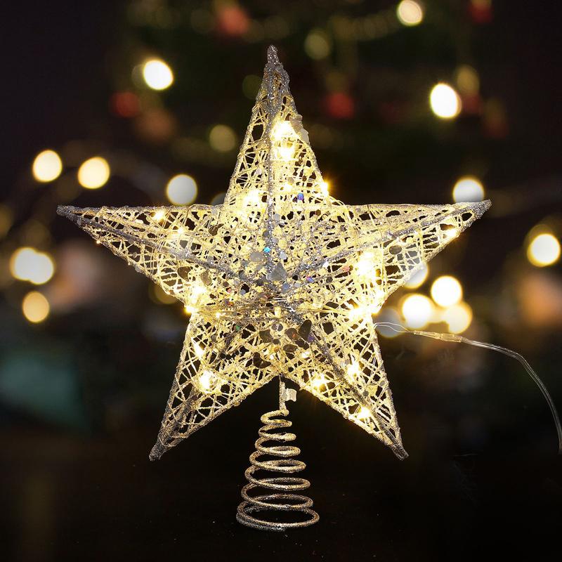 Christmas Star Tree Topper, Lighted Christmas Tree Topper, Hollow Gold Lighted Tree Star, LED Light Up Xmas Tree Topper, Christmas Tree Decorations