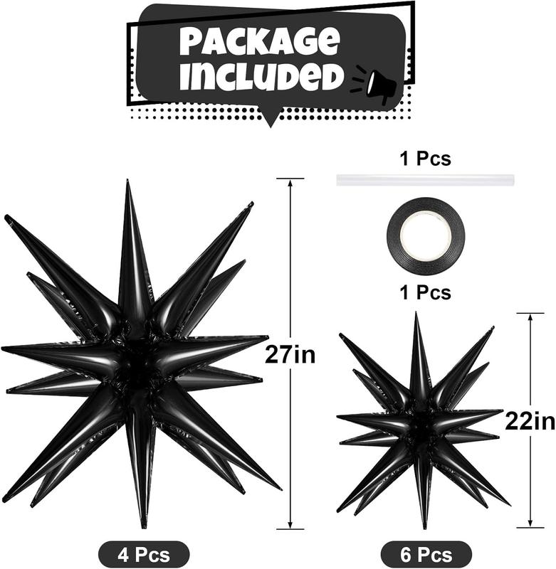 10 count Star Balloons Explosion Starburst Balloons Foil Cone Balloons Magic for Birthday Wedding Anniversary Party Backdrops Decorations Supplies, 6 count 22 Inches and 4 count 27 Inches (Black)