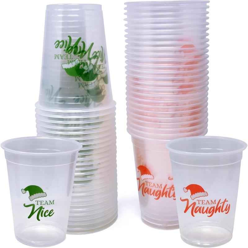 Gift Boutique 50 Pack Disposable Plastic Christmas 16 oz. Team Naughty or Nice Design Drinking Cup Winter Xmas Dinner Beverage Drink for Adults Kids Festive Holiday Table Party Supplies Decorations