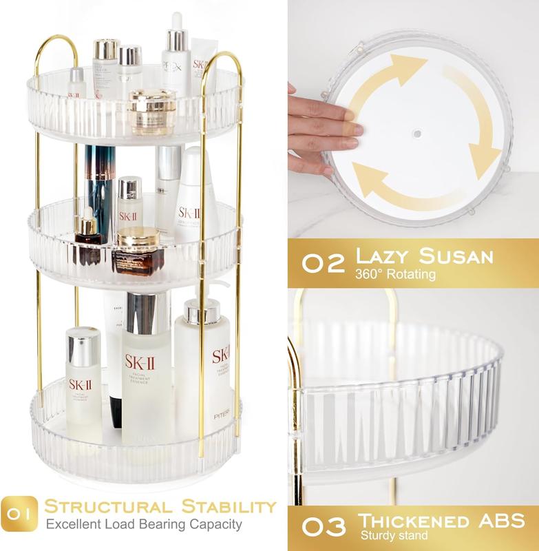 360° Rotating Makeup Organizer Perfume Organizer for Vanity, High-Capacity Skincare Cosmetic Dresser Bathroom Countertop Organizers Storage (3 Tiers, Transparent)