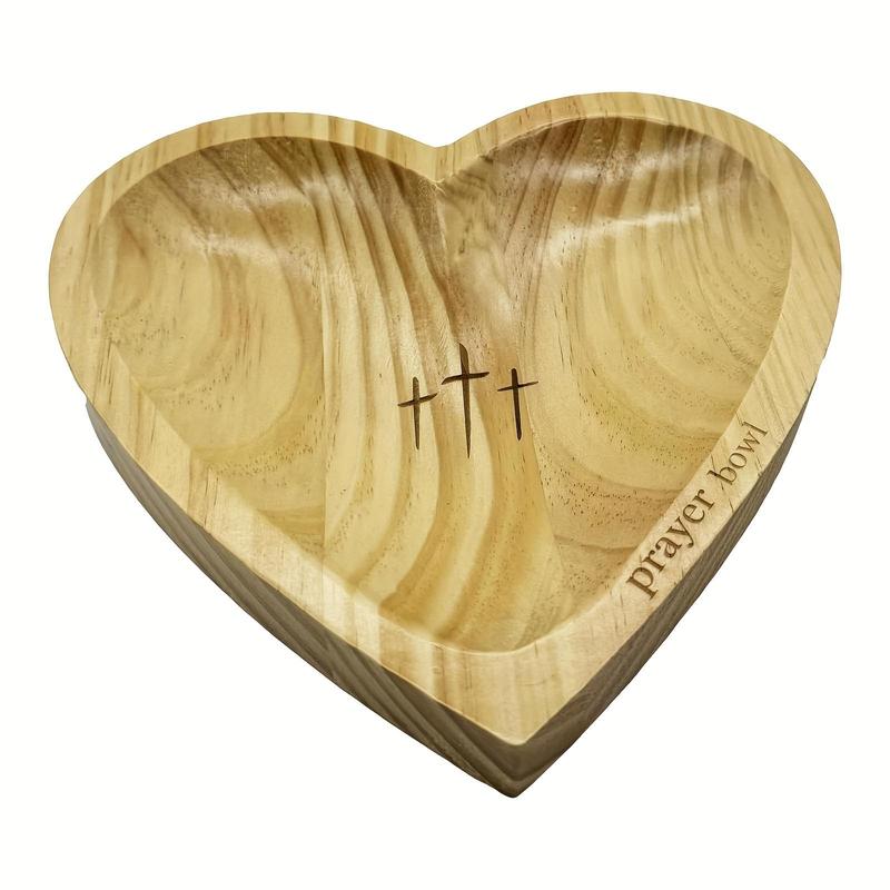 Wooden Heart Shaped Prayer Bowl, Vintage Prayer Bowls with Cross & Letter, Religious Decoration for Living Room, Prayer Room