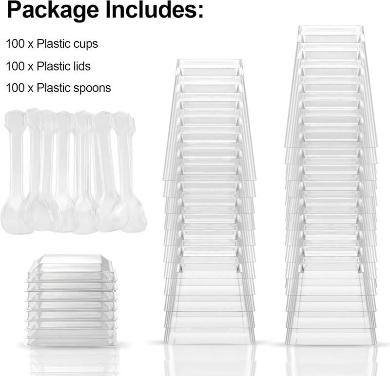 100 Pack 5oz Dessert Cups with Lids & Spoons Reusable Square Plastic Parfait Cups for Mousse Tiramisu Pudding Salads, Appetizers & Desserts Disposable