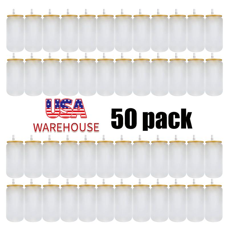 50pack sold by case,Clear and frosted blank sublimation 16oz can with bamboo lid and straw glass can for UV DTF wraps drinking glass Drinkware Plastic