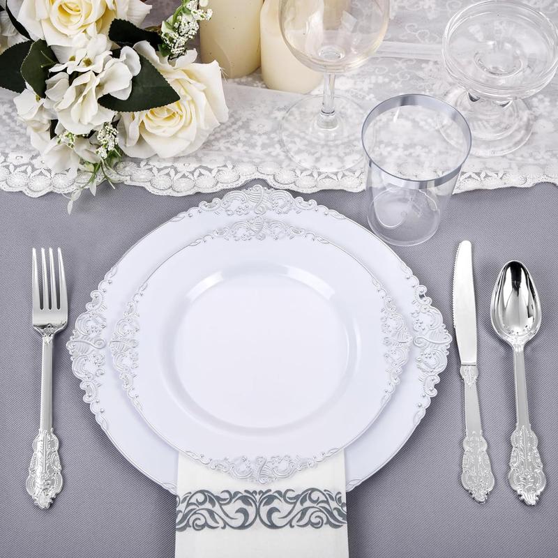 Nervure 350PCS White and Silver Plastic Plates - Silver Plastic Dinnerware Sets for 50 Guests - 100 Silver Disposable Plates, 150 Silver Plastic Silverware, 50 Cups,Napkins for Wedding & Party